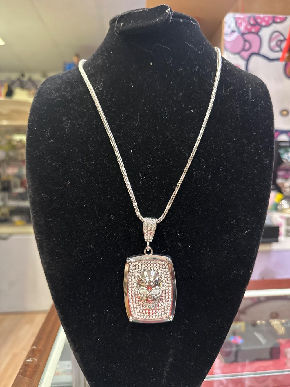 Silver-Tone Rhinestone Skull Pendant Necklace
