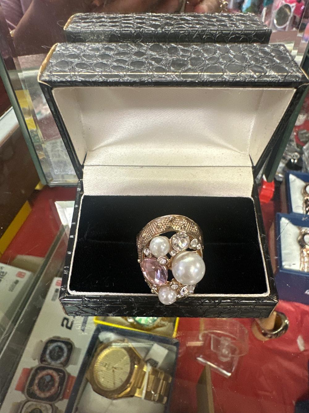 Cocktail Ring With Faux Pearls And Pink Stone