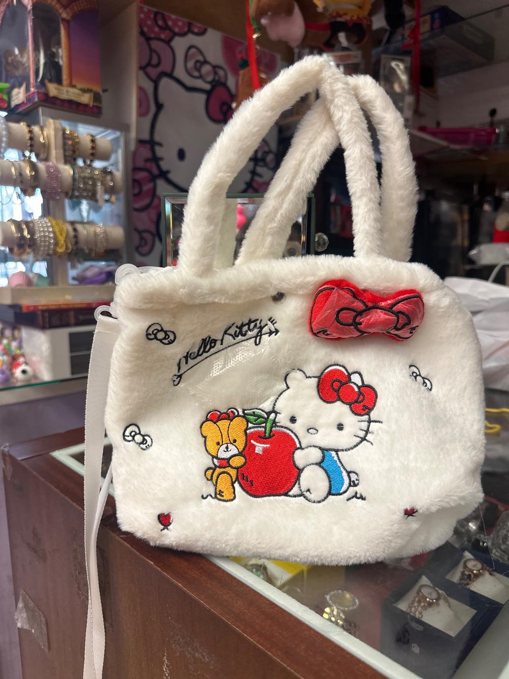 Fuzzy White Hello Kitty Tote With Red Bow