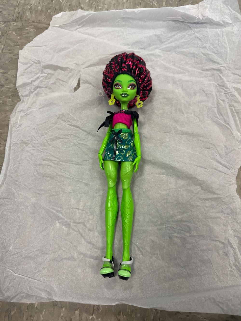 Green Skinned Fanged Doll with Puffy Pink Hair