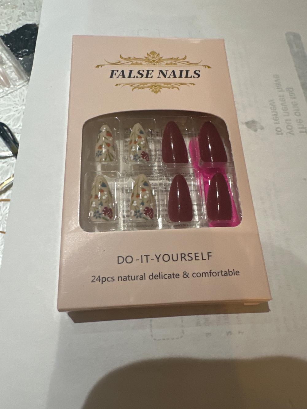 Press-On False Nails Set - Floral & Wine