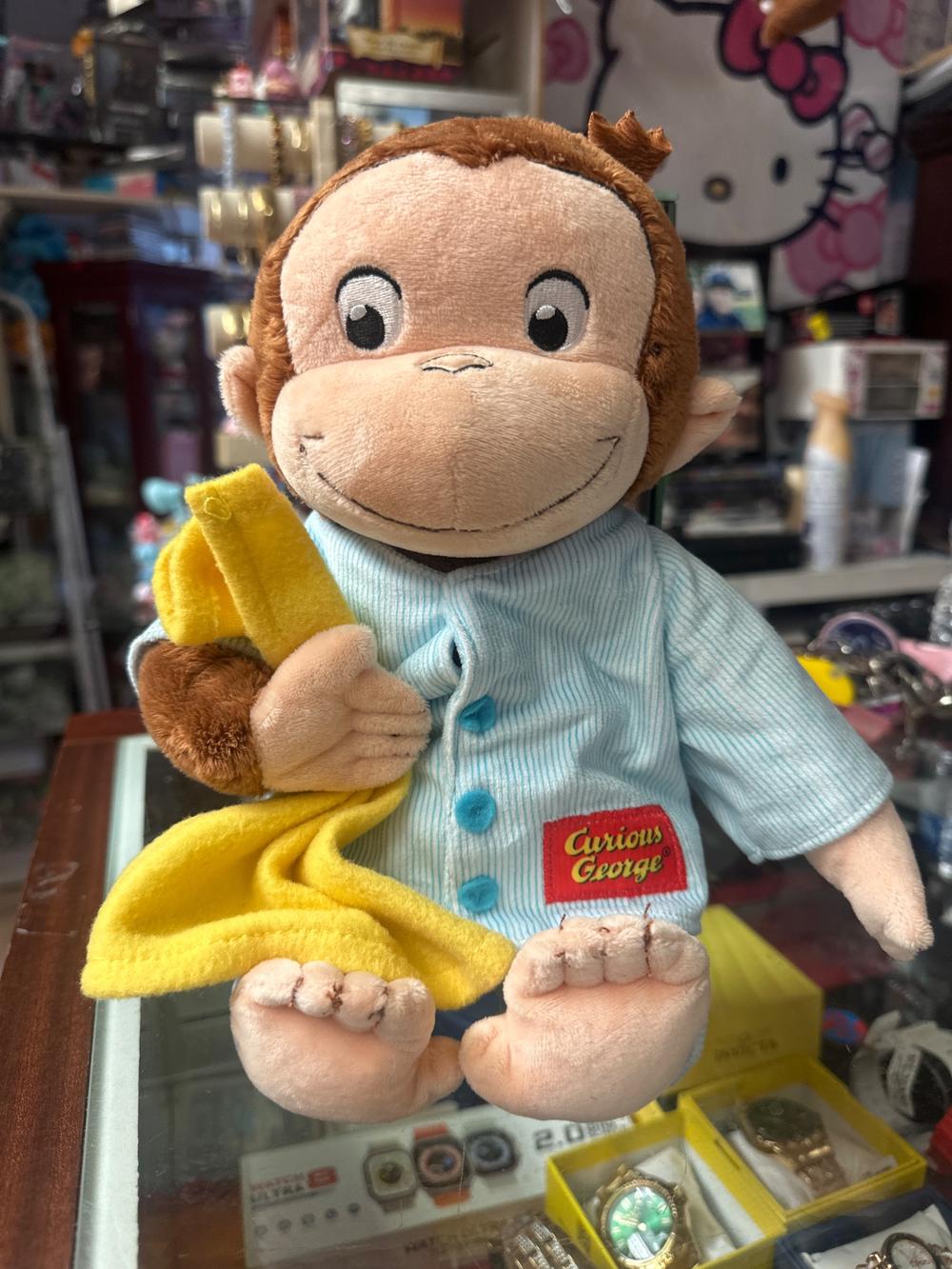 Curious George Plush in Blue Striped Pajamas with Banana