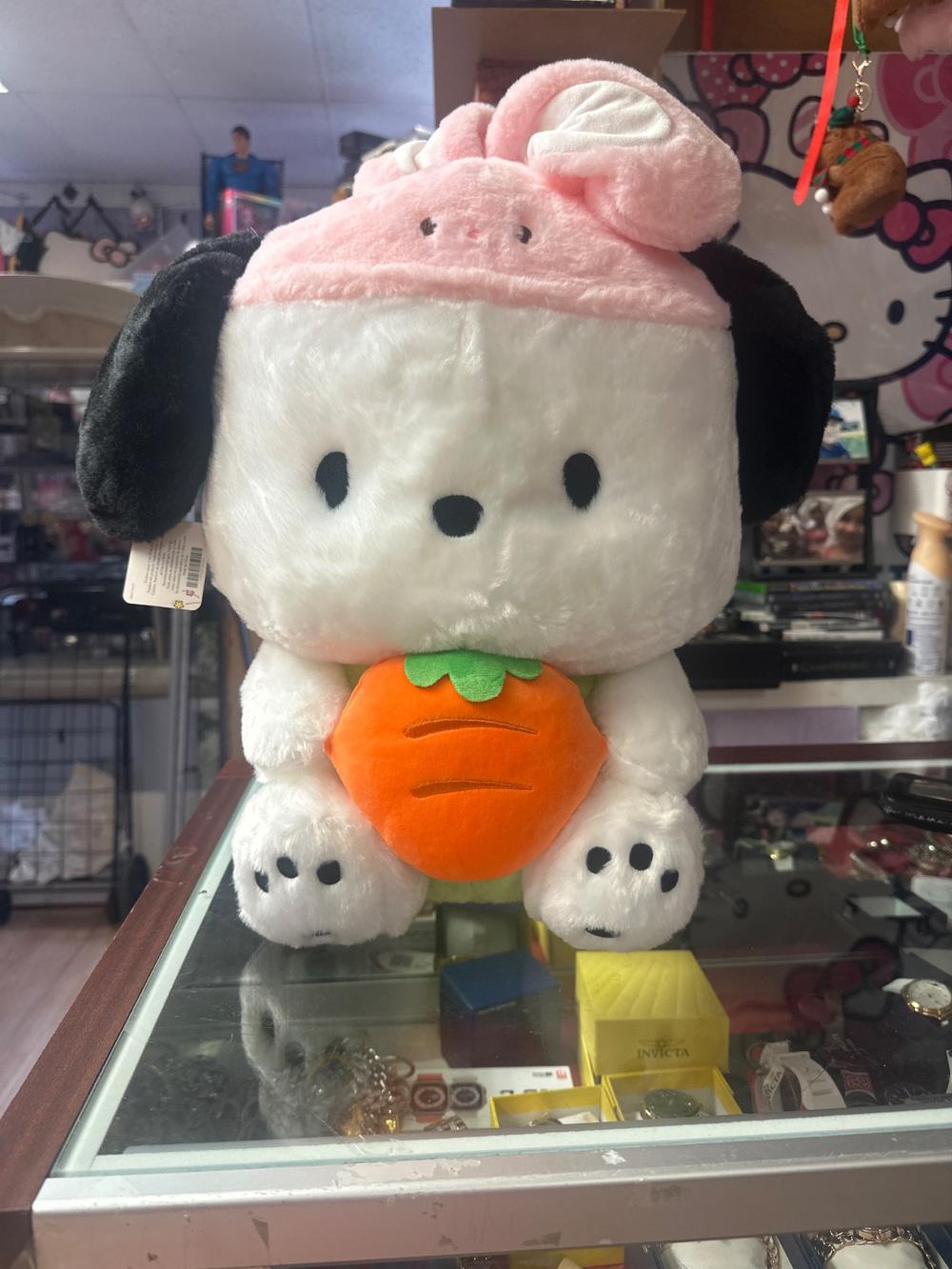 Sanrio Pochacco Plush with Carrot and Pink Bunny Hood