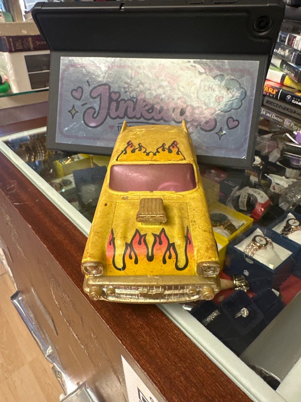 Vintage Yellow 1957 Chevy Hot Rod Racer Toy Car with Flames