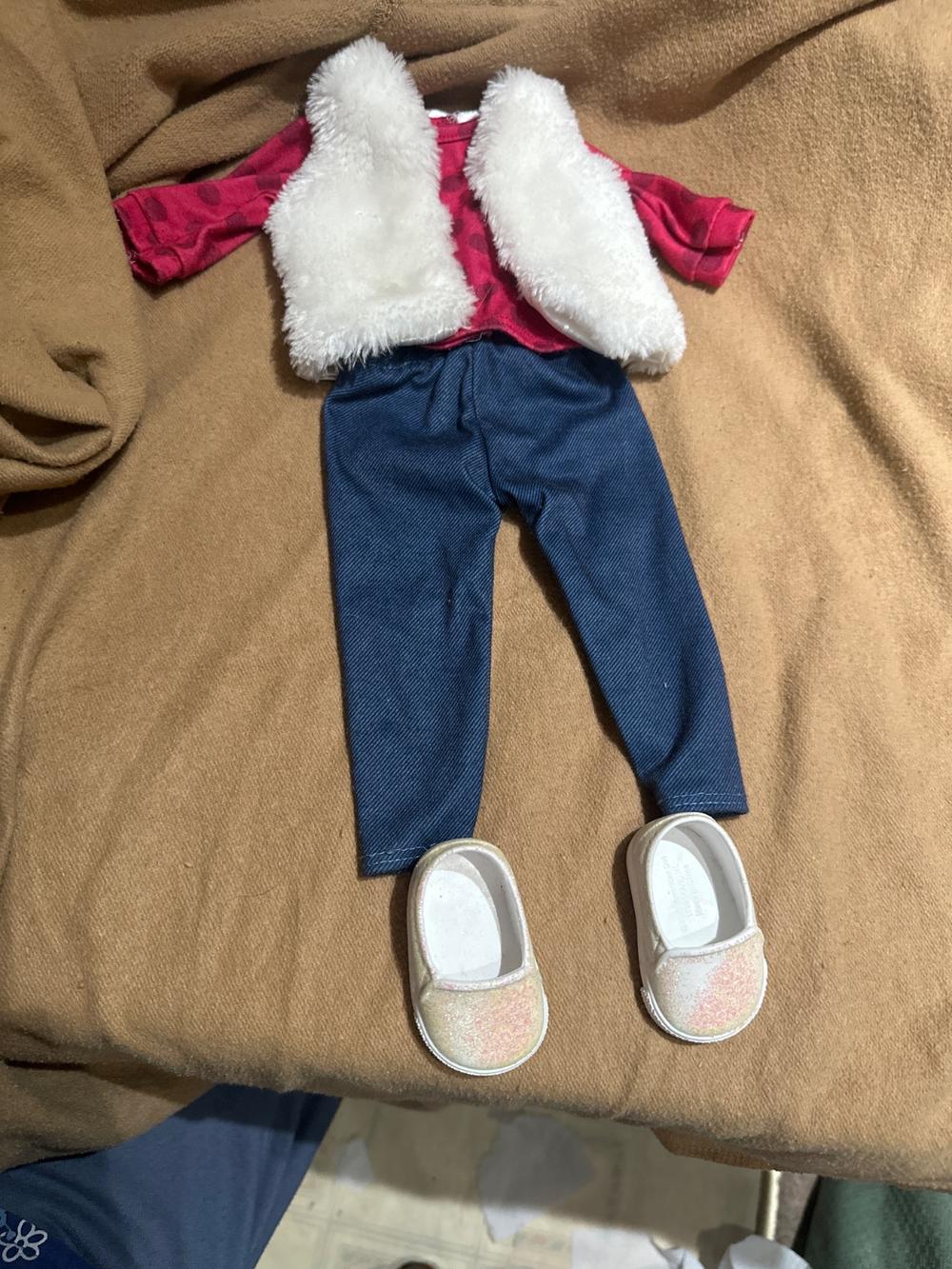 American Girl Doll Outfit Pink Polka Dot Top Fur Vest Jeans Shoes (photo 1 of 5)
