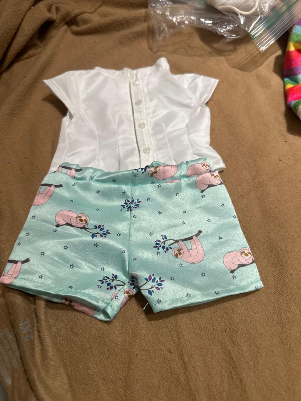 Doll Outfit White Satin Top & Mint Sloth Print Shorts (photo 1 of 3)