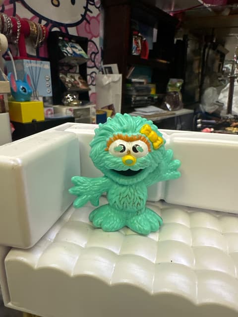 Vintage Green Fuzzy Muppet-Style Figure With Yellow Bow