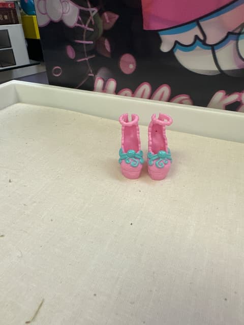 Pink Doll Heels With Teal Bow Detail