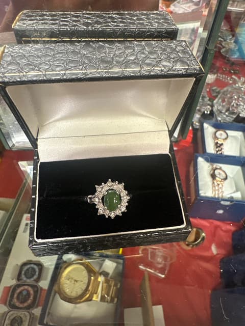 Green Cabochon Ring With Crystal Halo