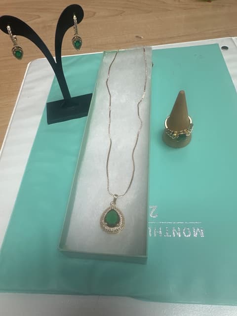 Emerald-Tone Necklace, Earrings, and Ring Set