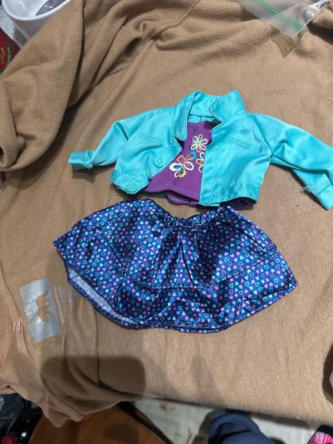 Doll Outfit Set - Teal Jacket, Purple Floral Top, Heart Skirt