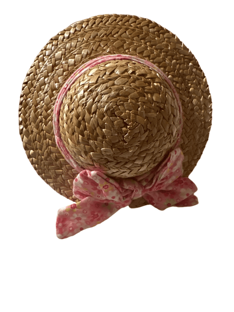 Mini Straw Doll Hat with Pink Floral Bow