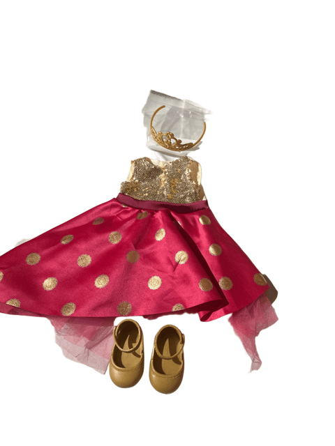 Doll Party Dress Set with Tiara and Gold Shoes
