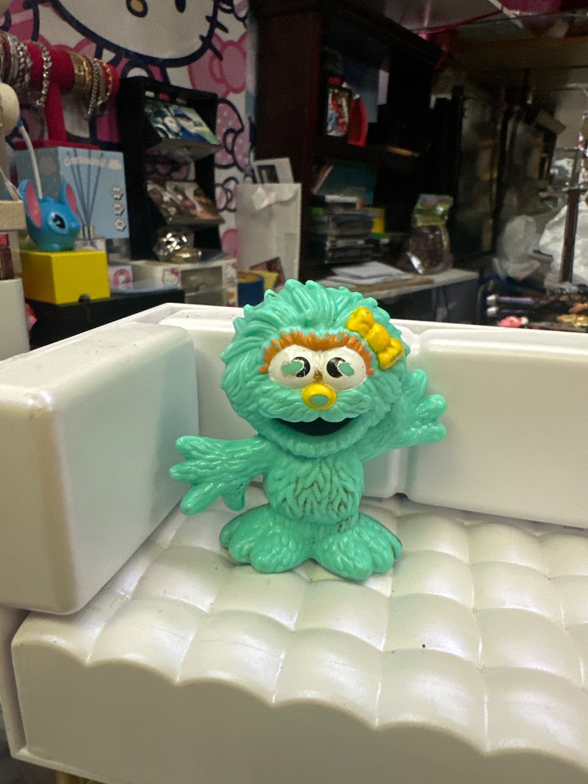 Vintage Green Fuzzy Muppet-Style Figure With Yellow Bow
