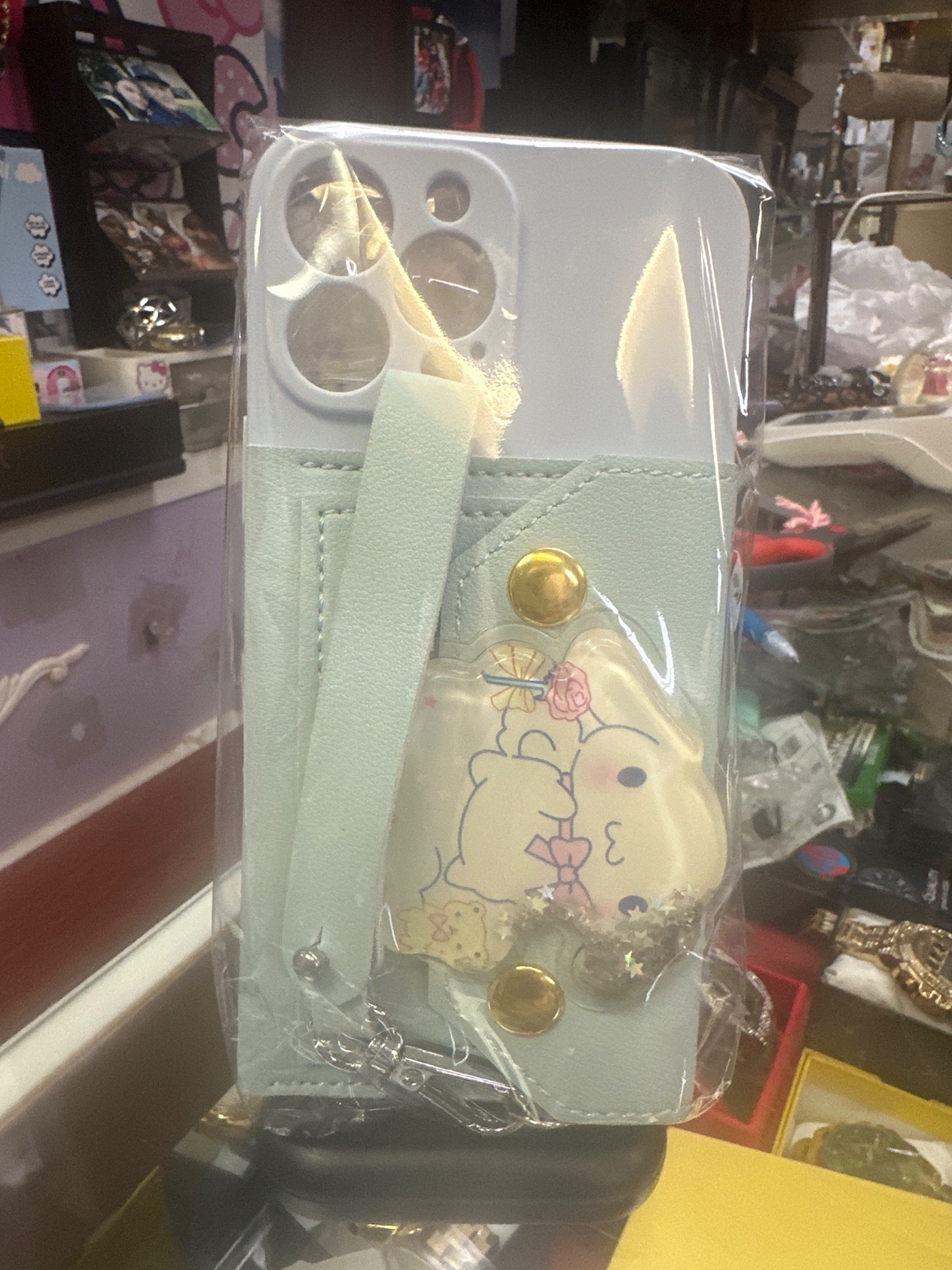 Mint Green Wallet Phone Case with Bunny Charm and Wristlet Strap