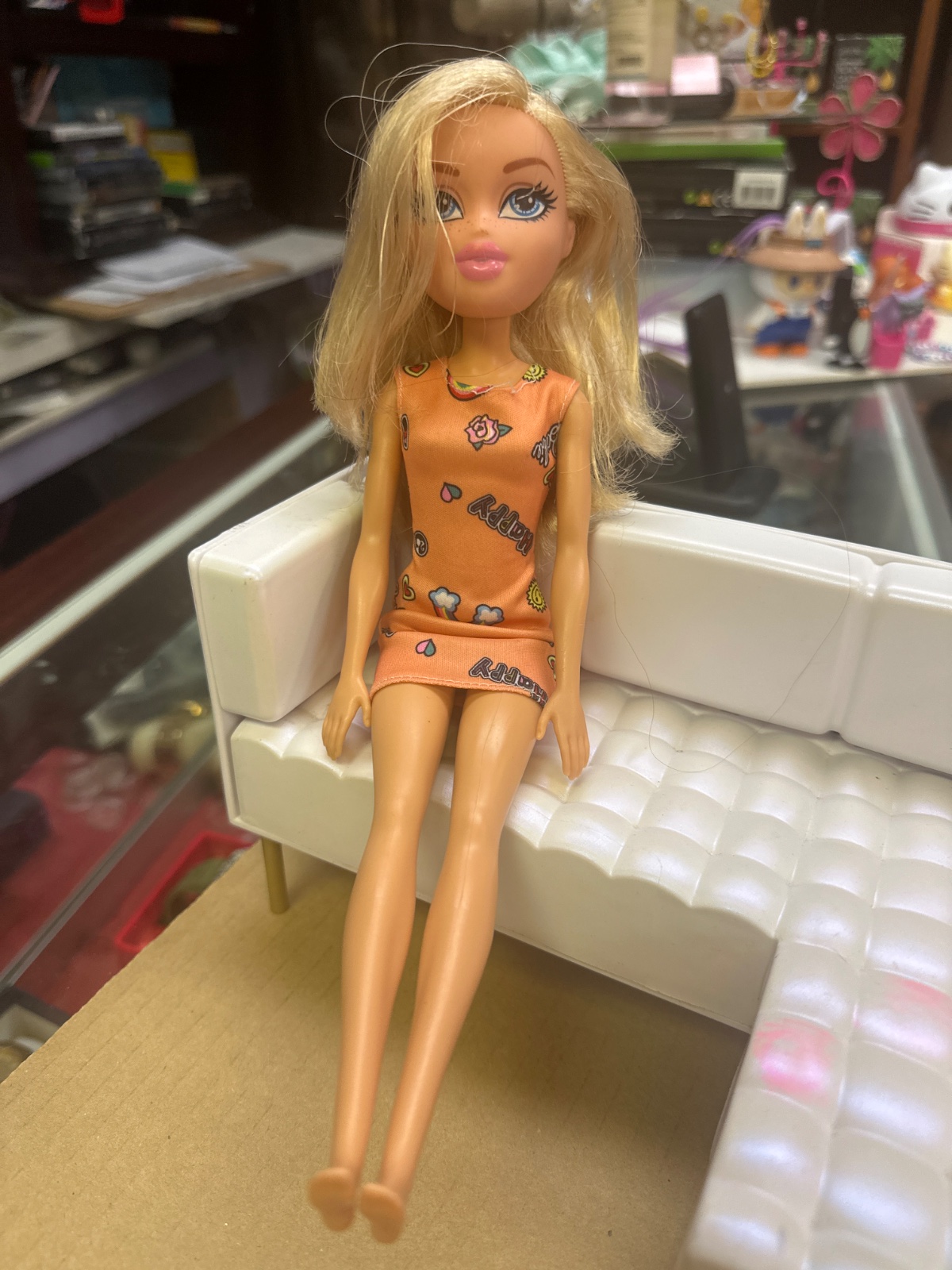 Blonde Fashion Doll in Orange Happy Print Dress