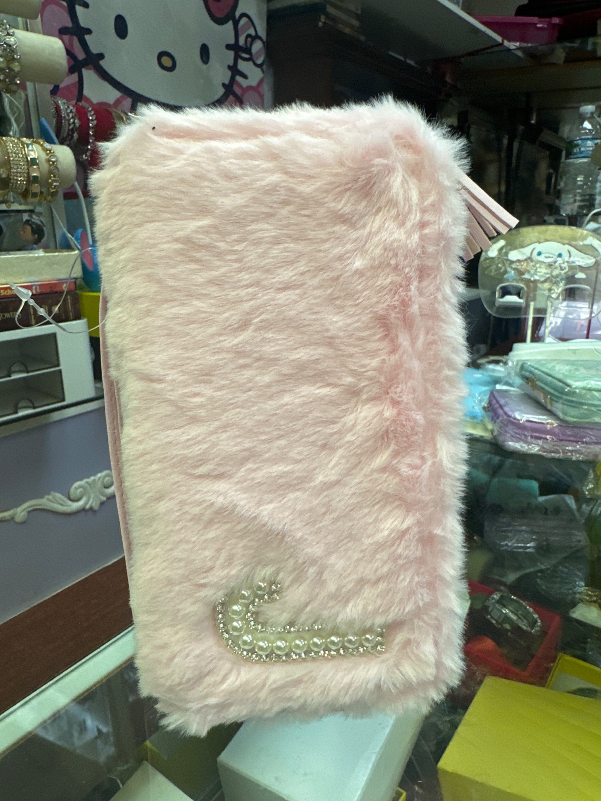 Pink Fuzzy Phone Case with Pearl Swoosh