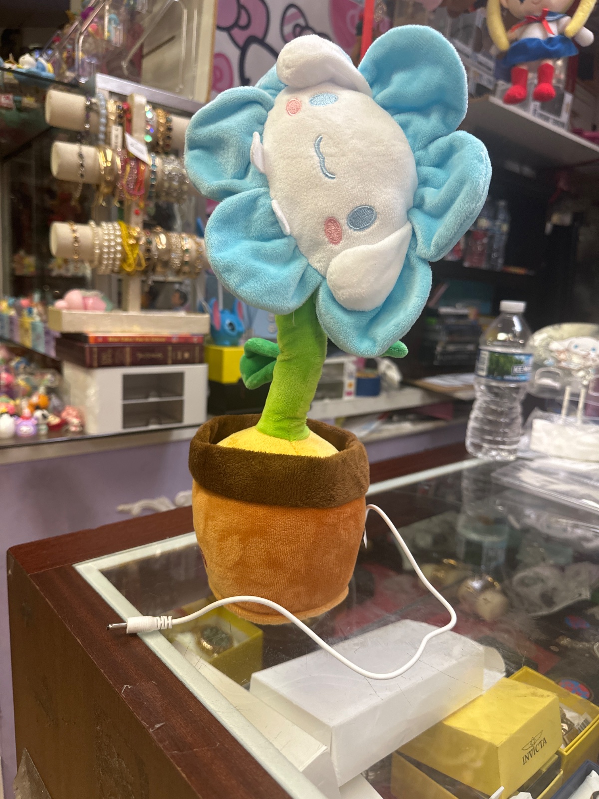 Blue Flower Face Plush In Pot With Cord