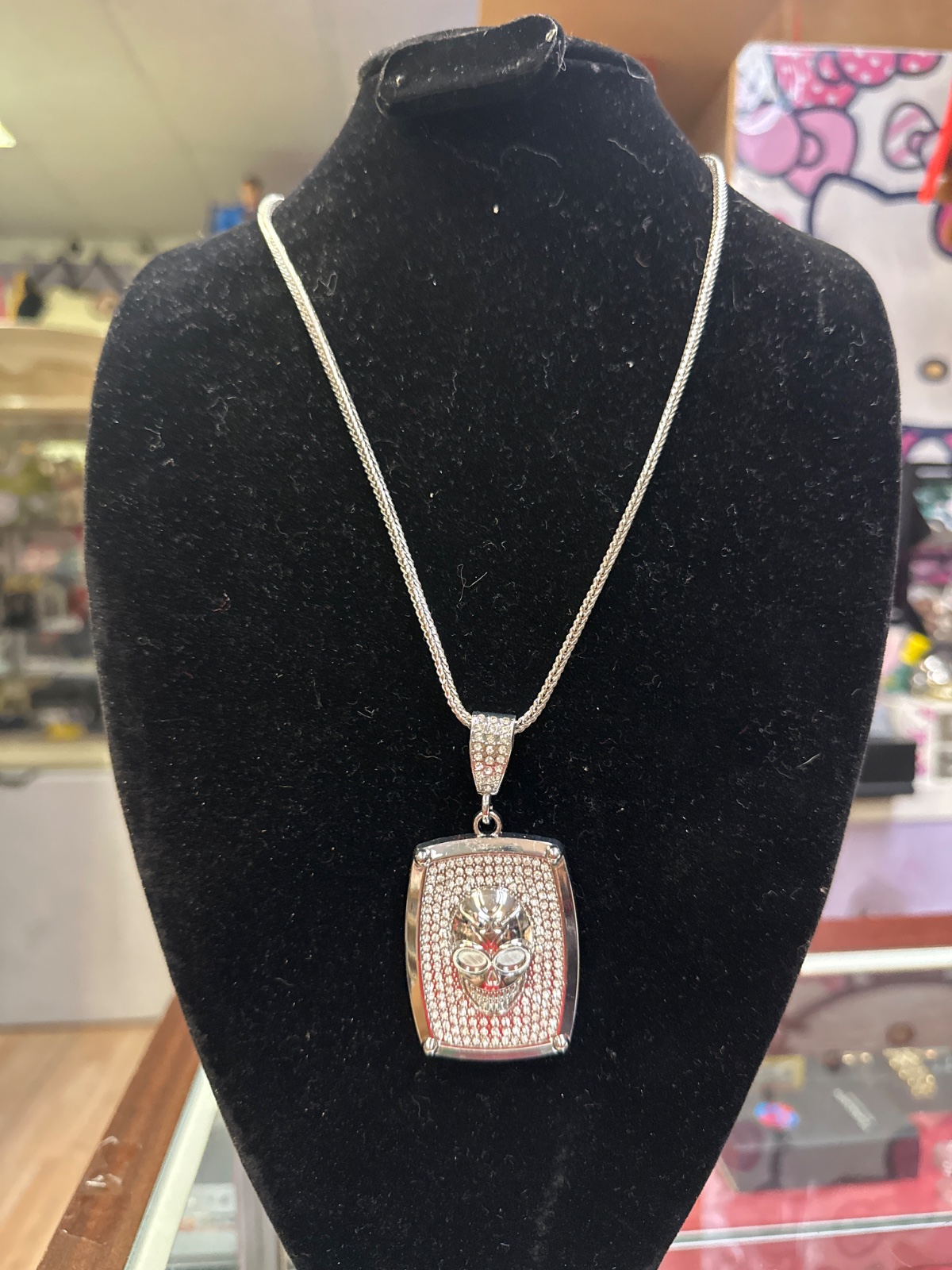 Silver-Tone Rhinestone Skull Pendant Necklace