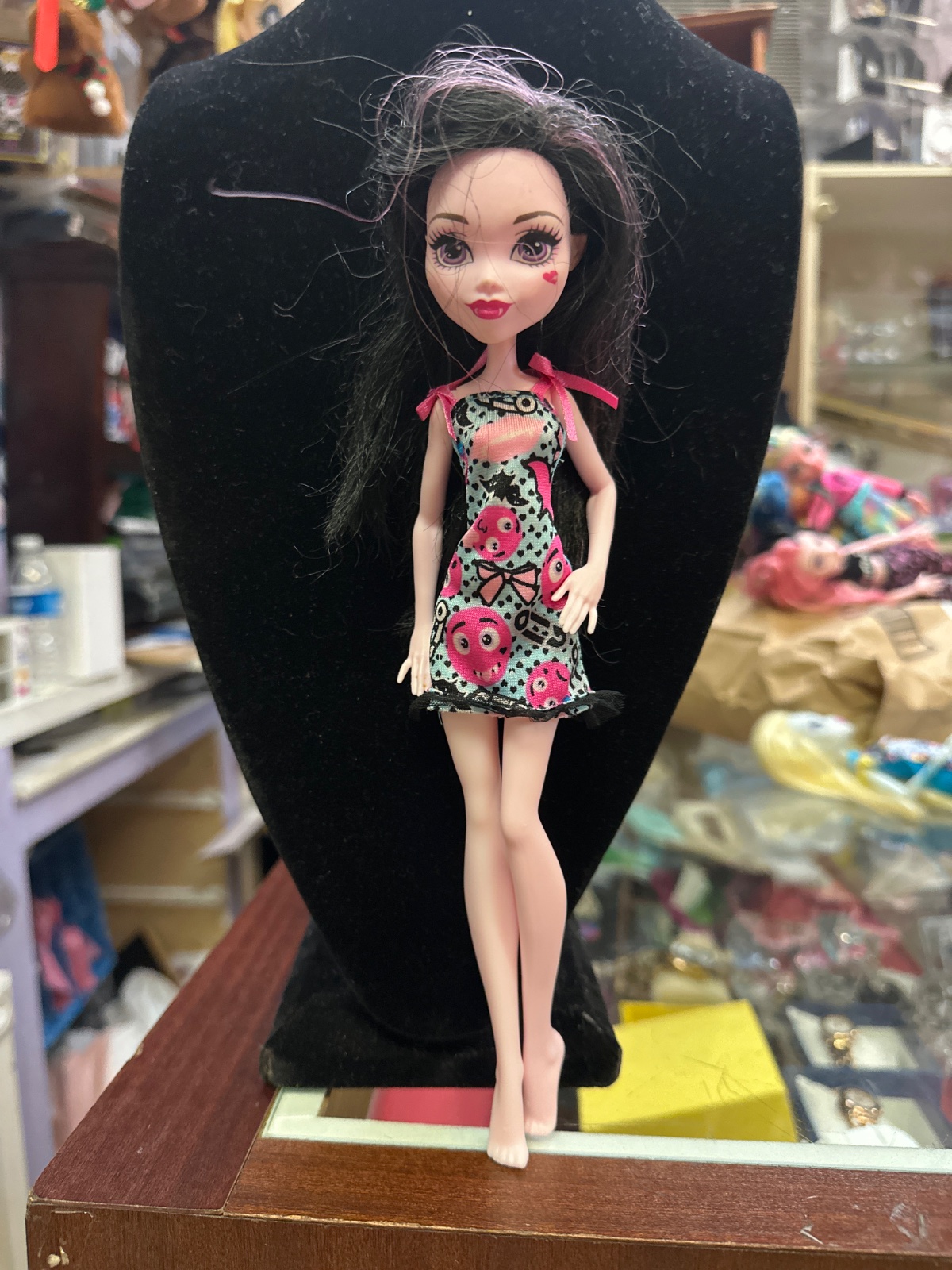 Dark-Haired Fashion Doll in Skull Print Dress