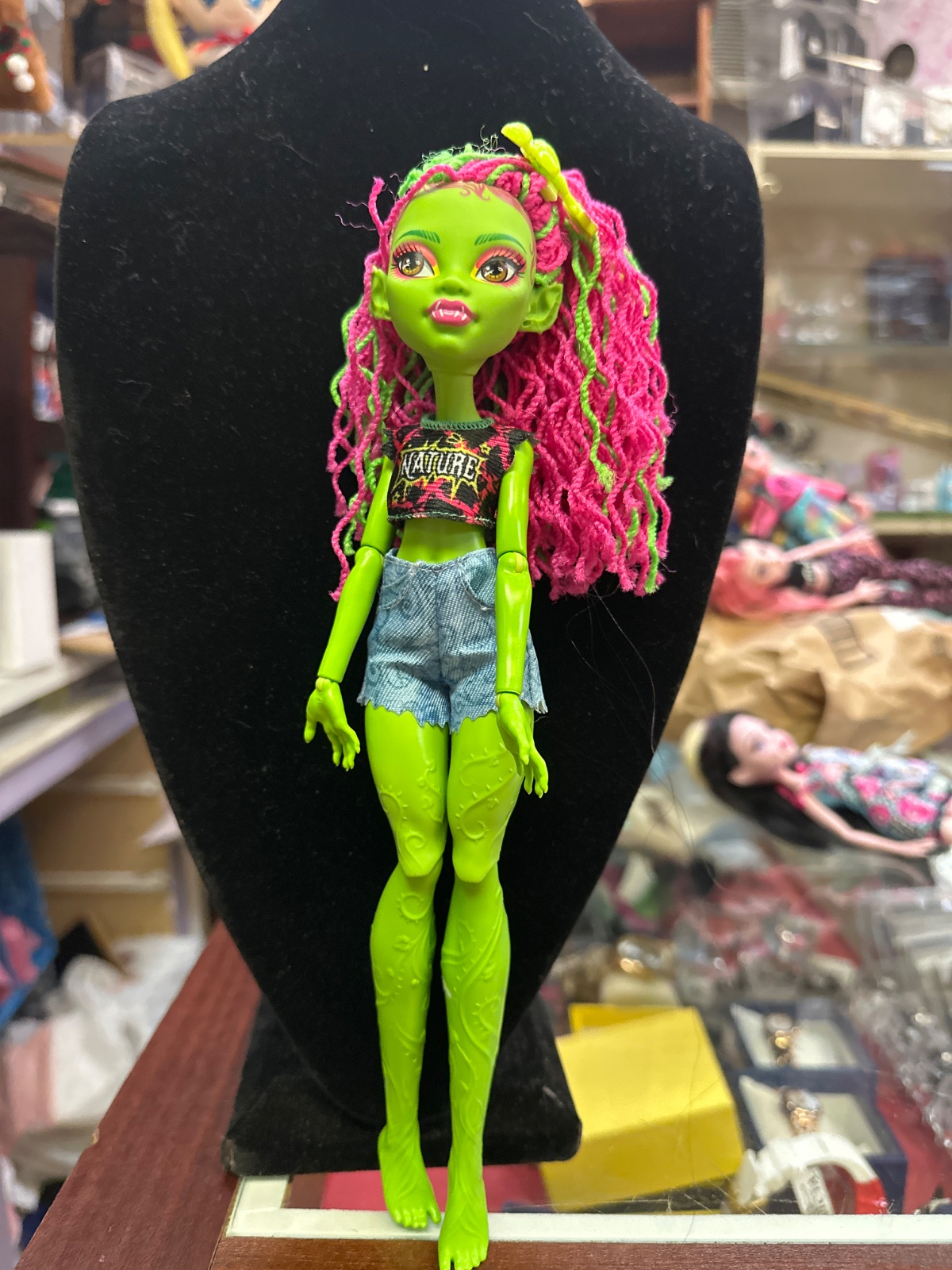 Green Skin Monster Doll With Pink Yarn Hair