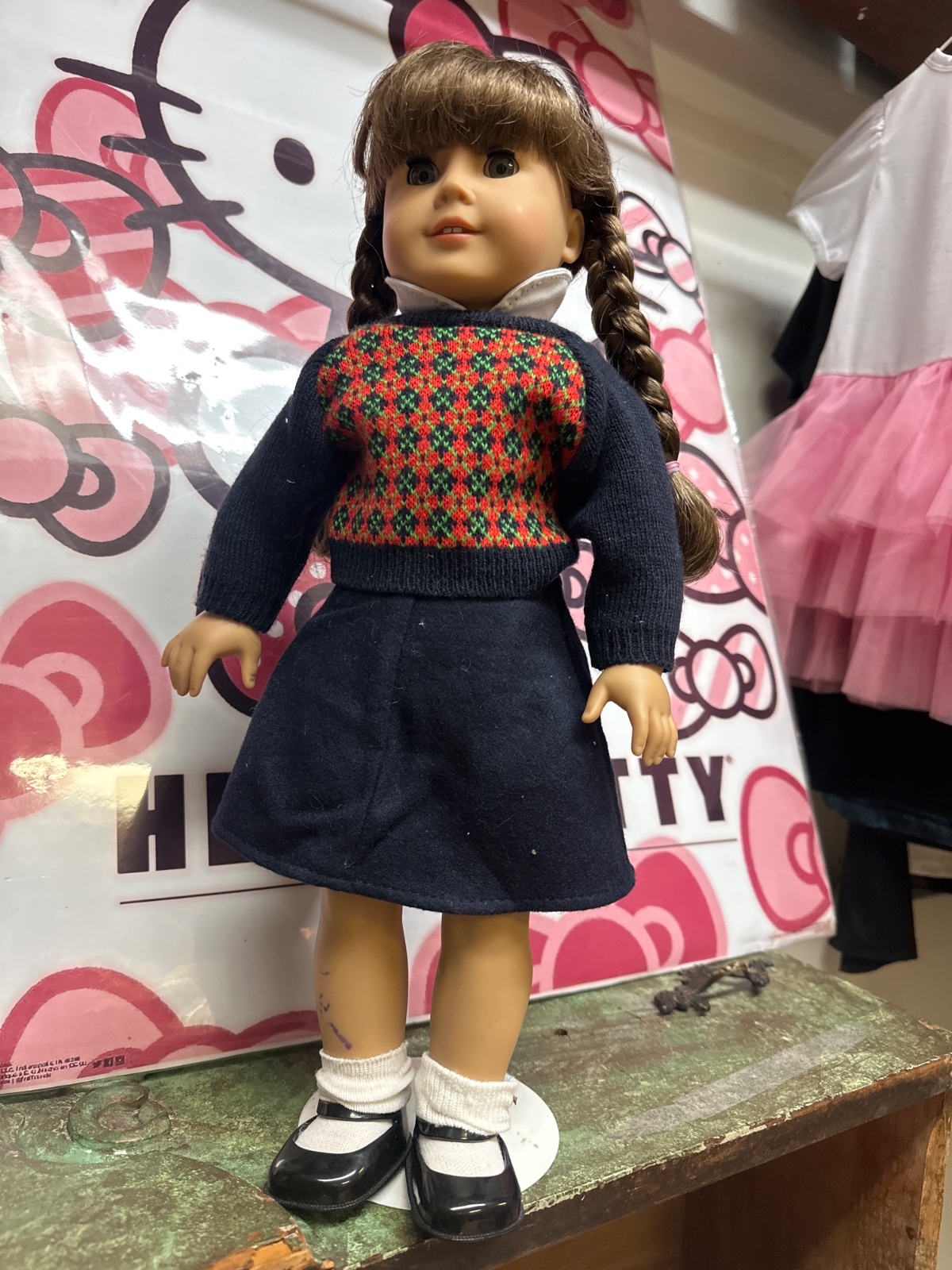 Braided-Hair Doll in Navy Skirt Set with Fair Isle Sweater