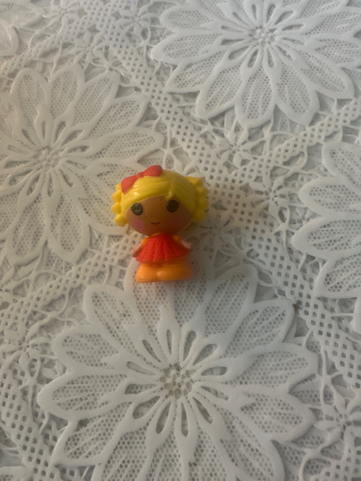 Tiny Mini Doll Figure with Yellow Hair and Red Dress