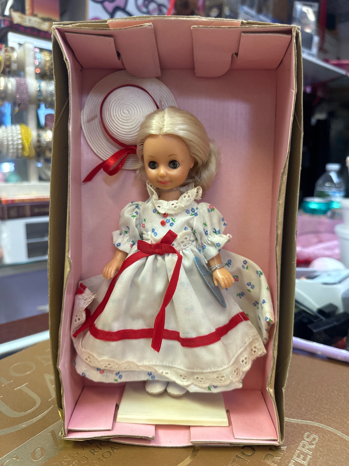 Vintage Blonde Doll in Floral Prairie Dress with Bonnet
