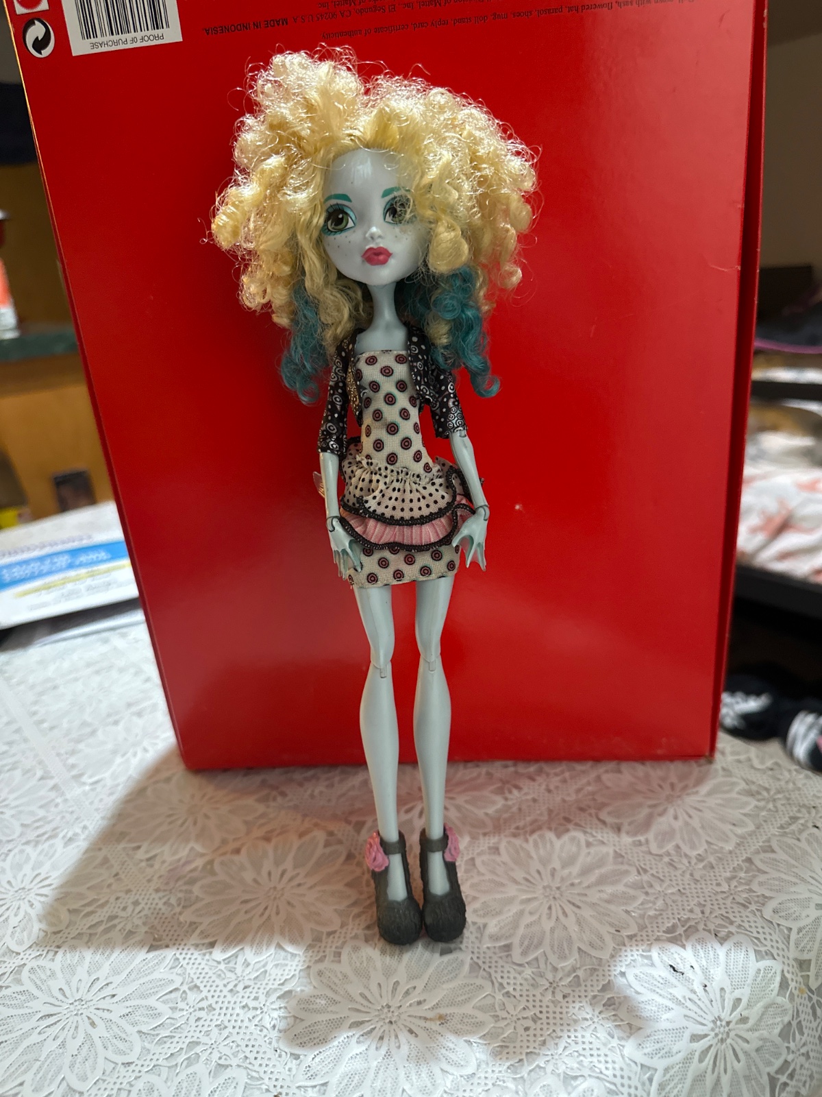 Curly Blonde Monster Doll in Polka Dot Dress