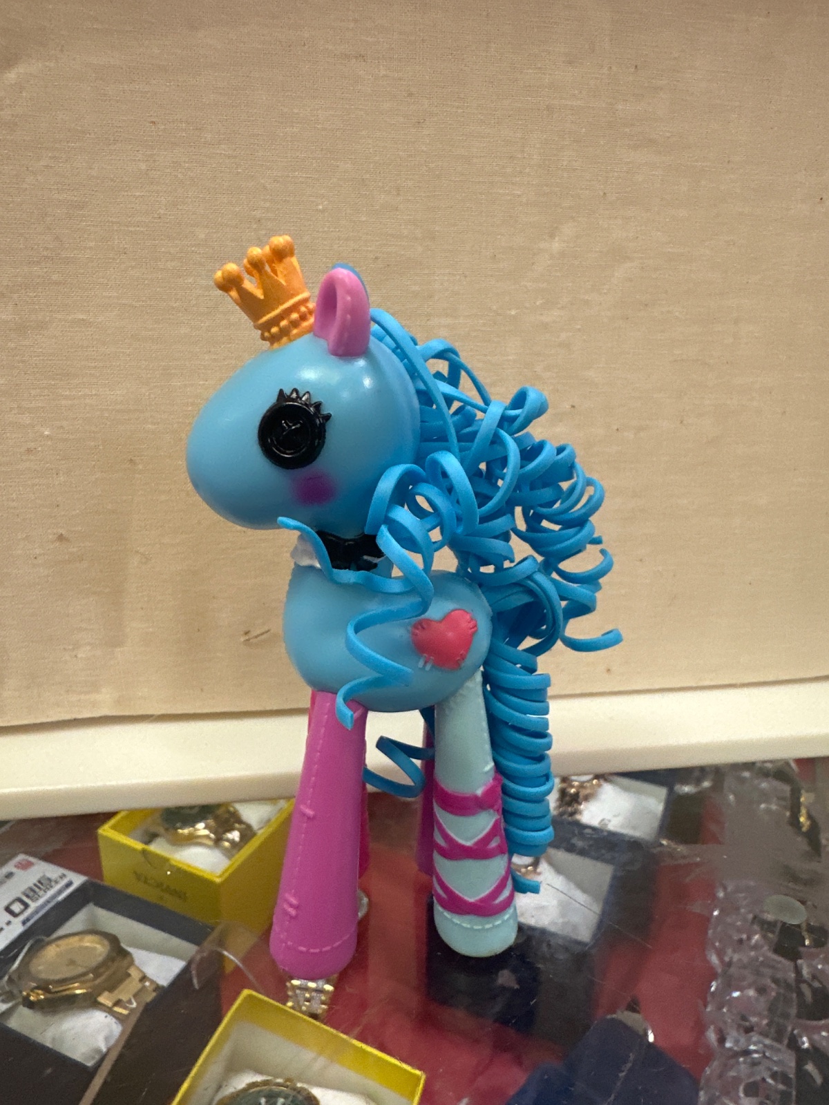 Blue Pony Figure With Crown And Curly Mane