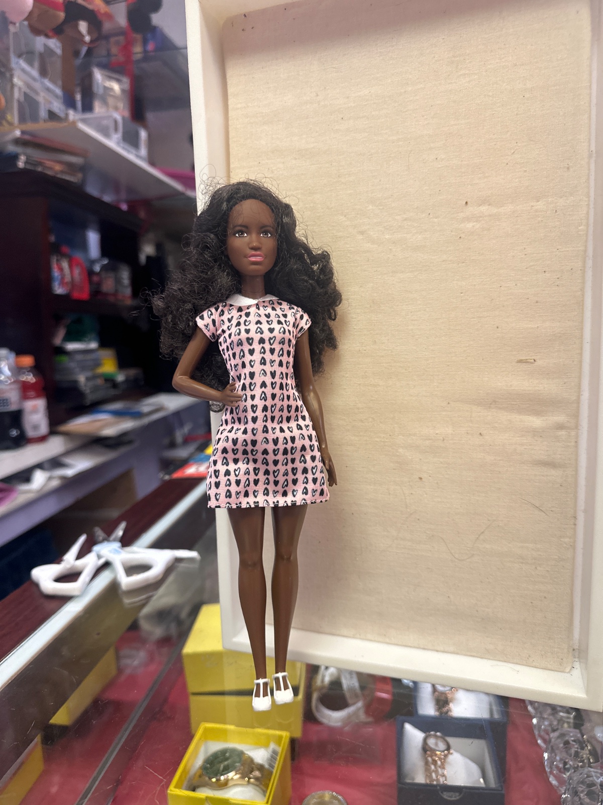 Fashion Doll in Pink Heart-Print Dress