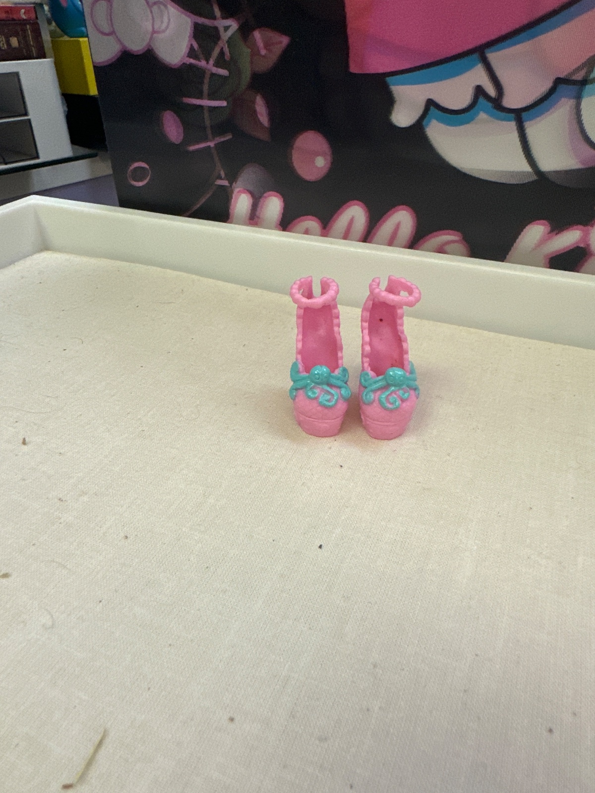 Pink Doll Heels With Teal Bow Detail