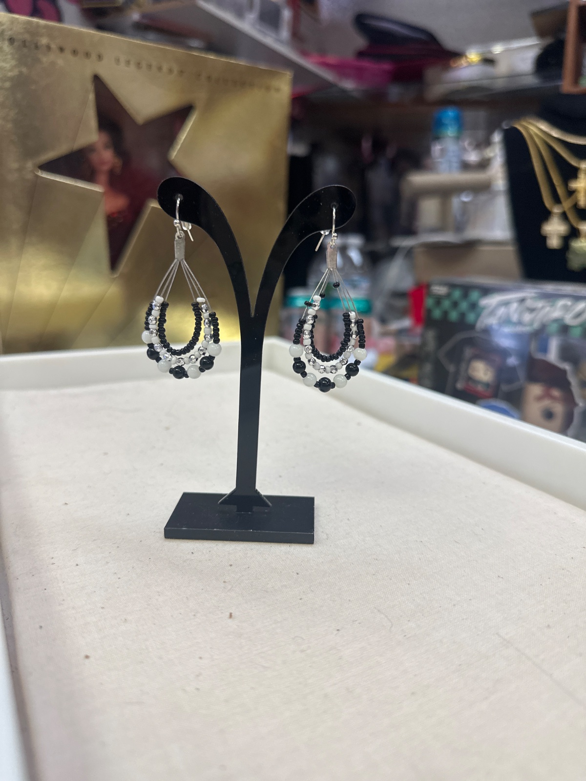 Black and White Beaded Hoop Earrings