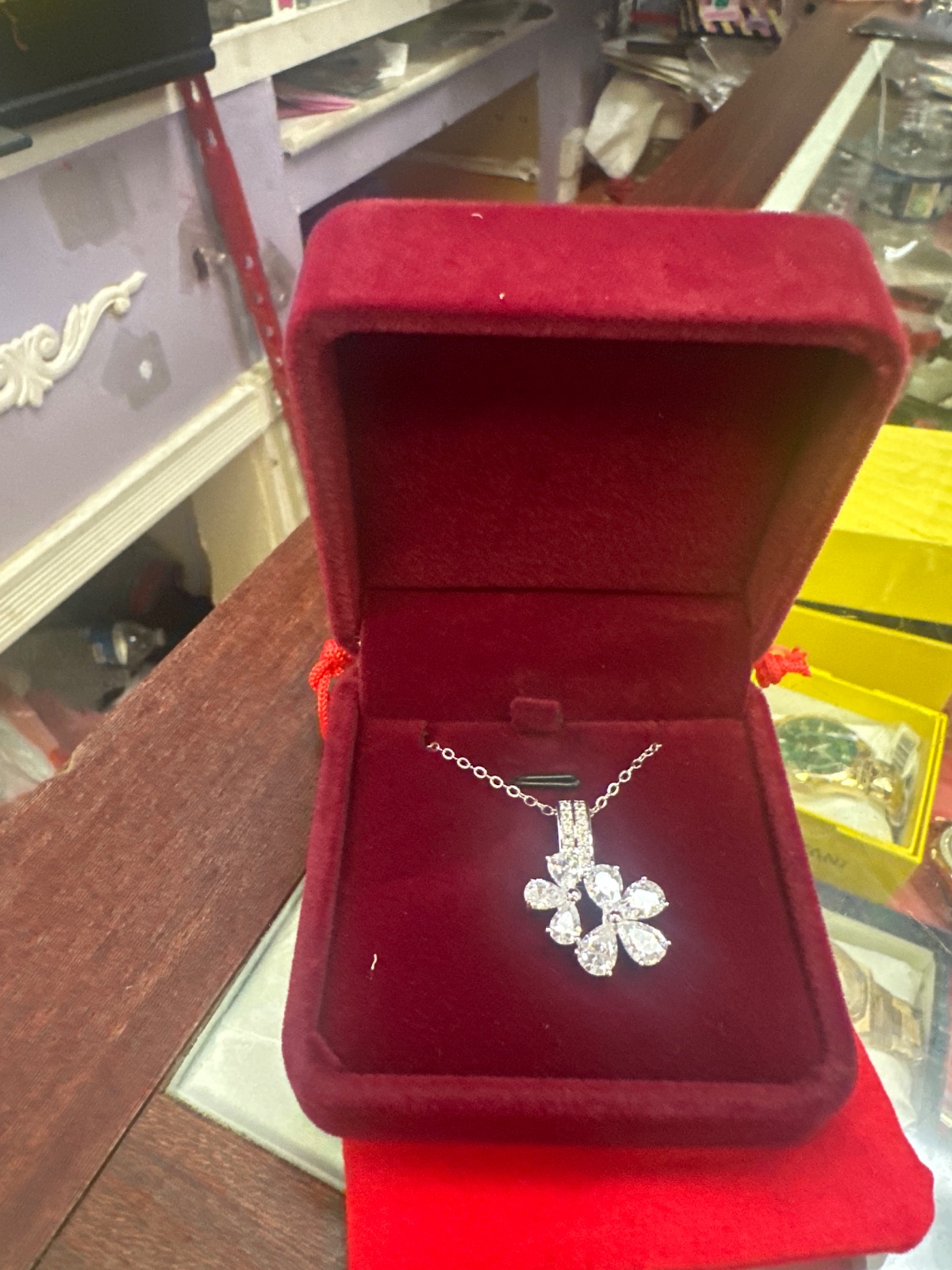 Crystal Flower Pendant Necklace in Red Box