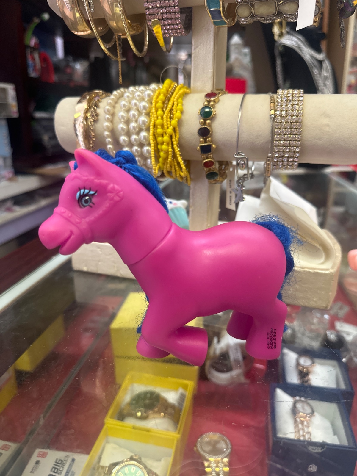 Pink Plastic Pony Toy With Blue Hair