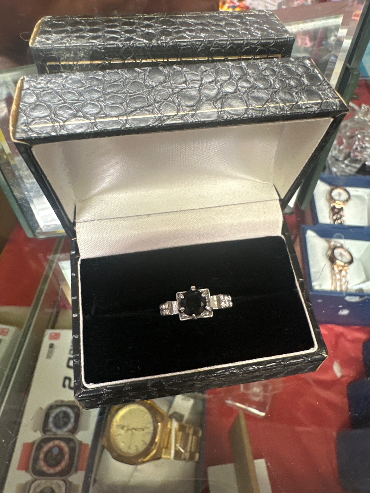 Silver-Tone Ring With Black Center Stone In Croc-Embossed Box