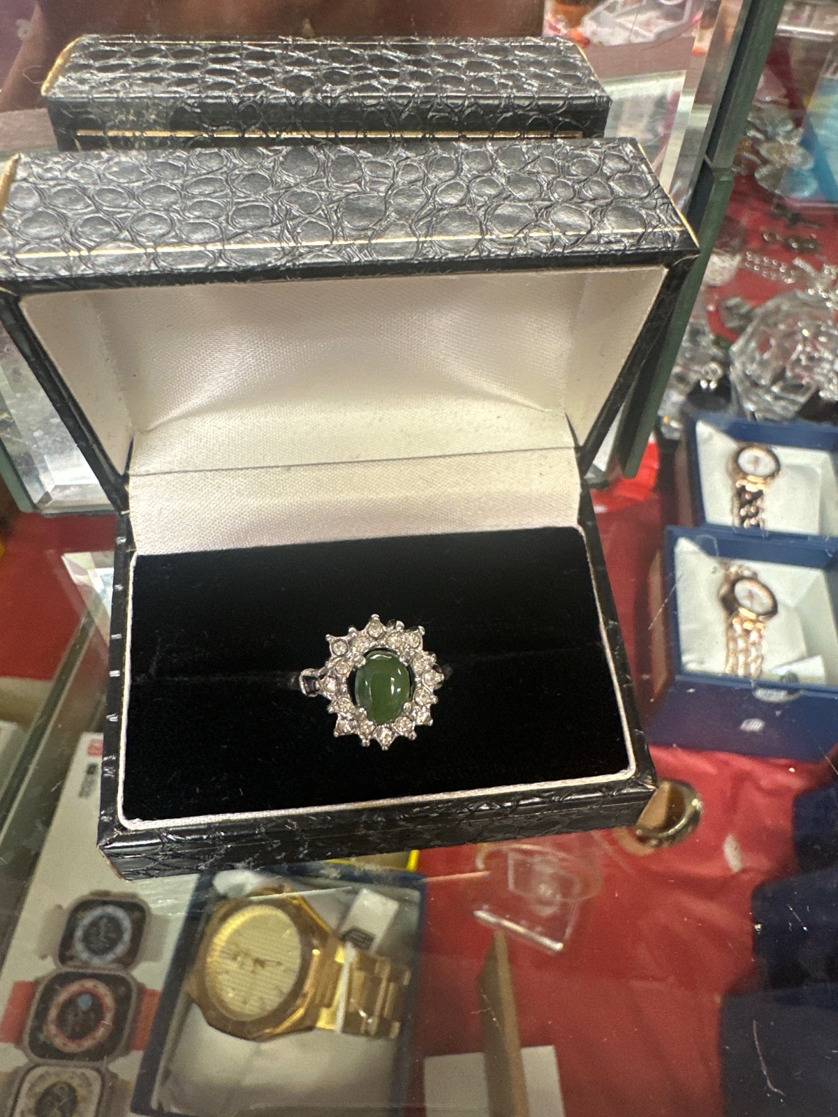 Green Cabochon Ring With Crystal Halo