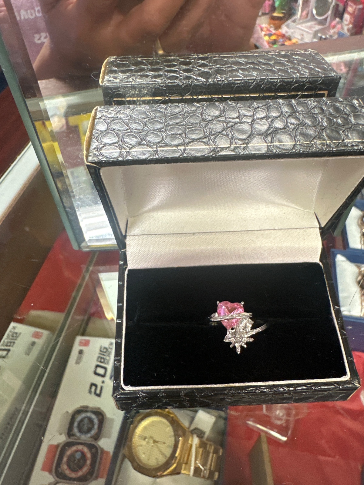 Pink Heart Stone Ring in Snakeskin-Print Box