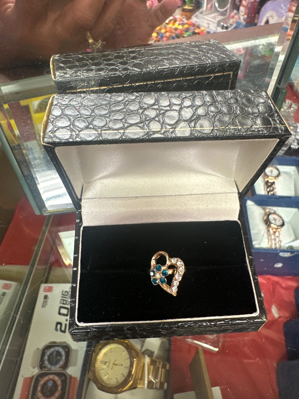 Gold-Tone Heart Ring With Blue And Clear Rhinestones