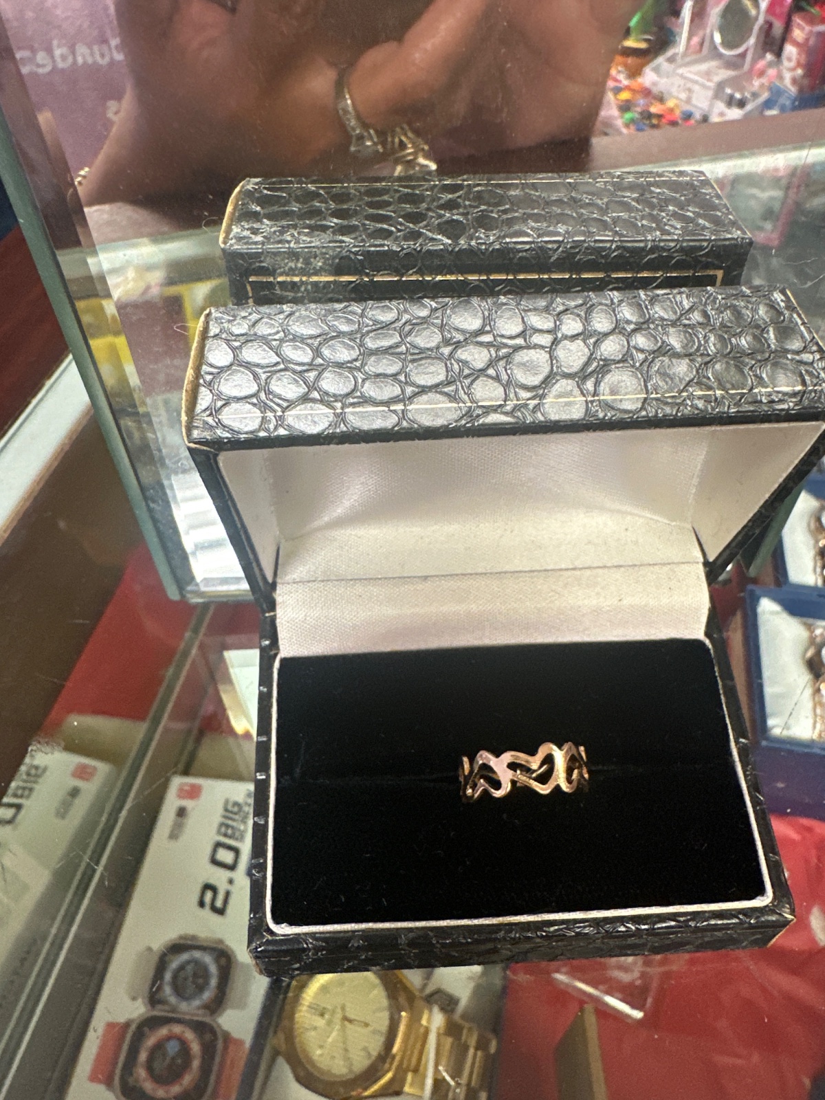 Gold-Tone Interlocking Hearts Ring in Croc-Embossed Box