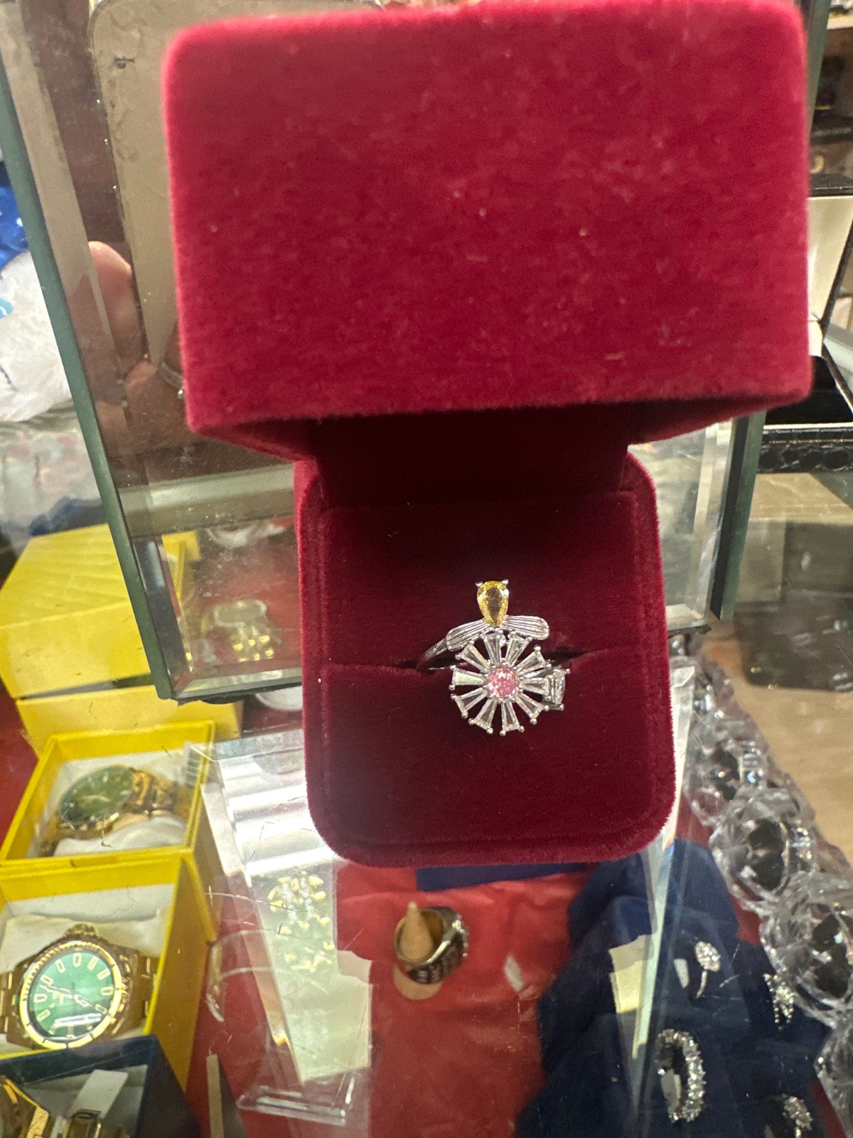 Cocktail Ring with Pink and Yellow Stone Accents in Velvet Box