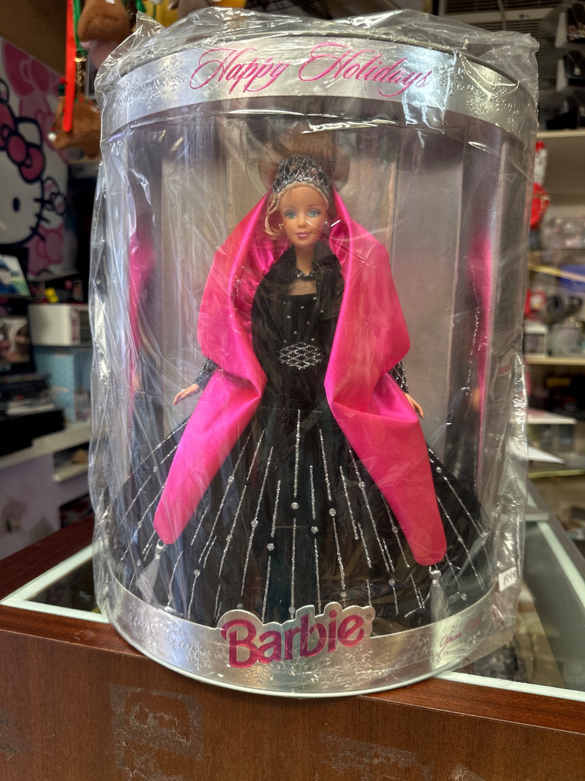 Happy Holidays Barbie in Black Gown with Pink Wrap