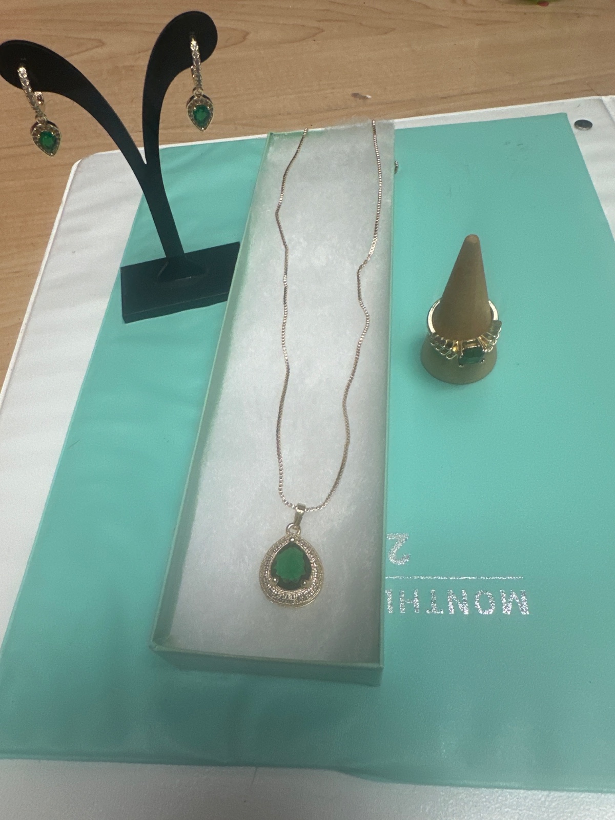Emerald-Tone Necklace, Earrings, and Ring Set