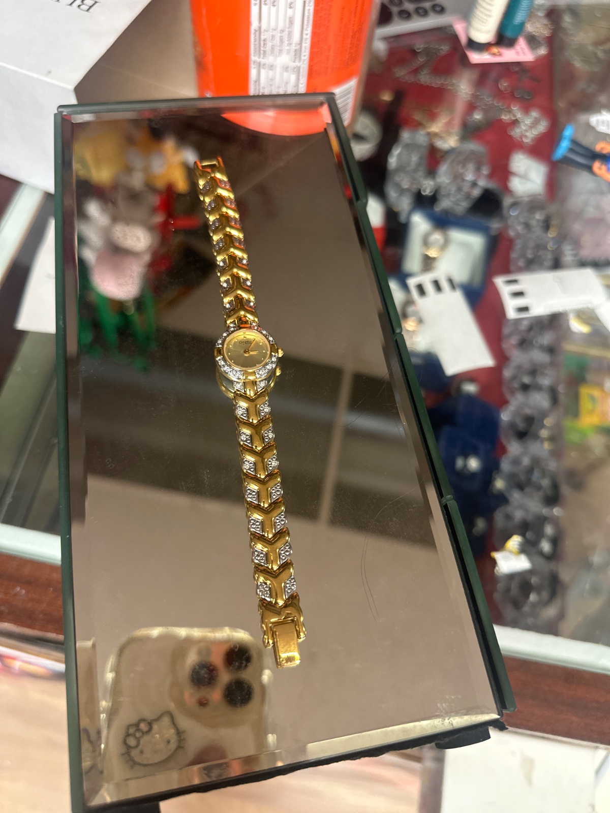Gold-Tone Rhinestone Chevron Link Watch