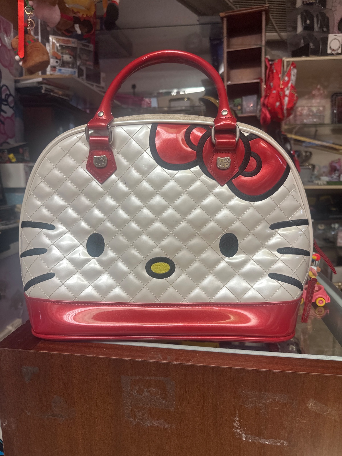 Quilted Hello Kitty Face Bowler Bag with Red Bow