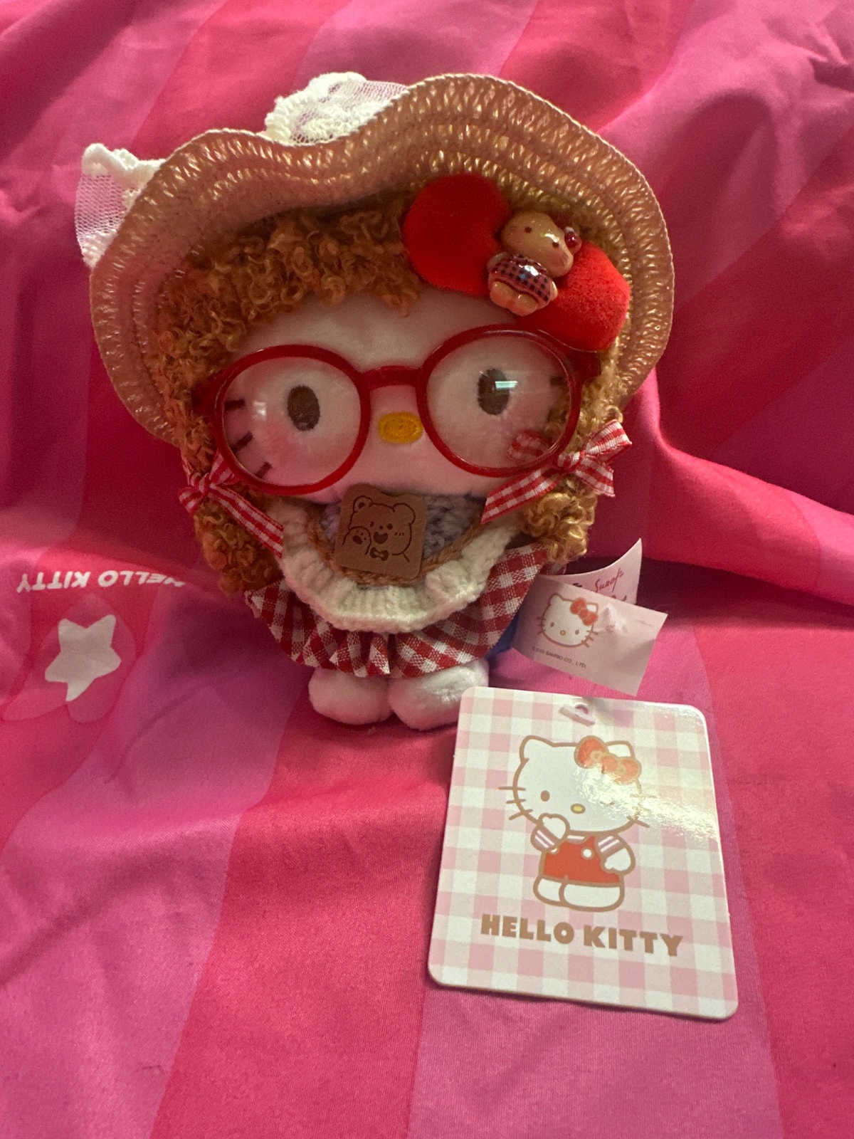 Hello Kitty Plush With Red Glasses And Gingham Bonnet