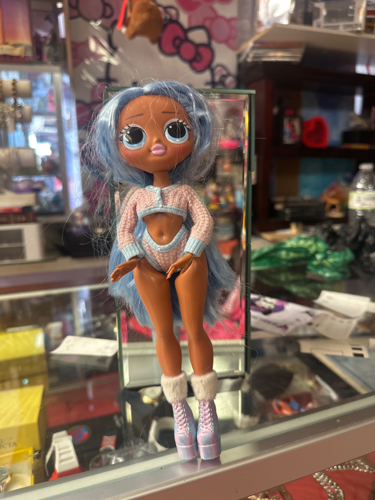 Blue-Haired Fashion Doll with Fuzzy Pink Boots