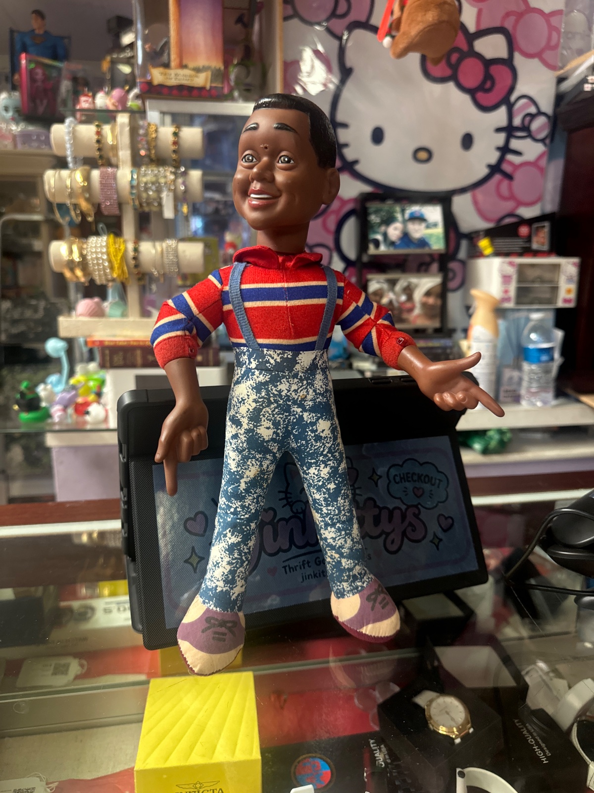 Vintage Boy Doll in Striped Shirt and Overalls
