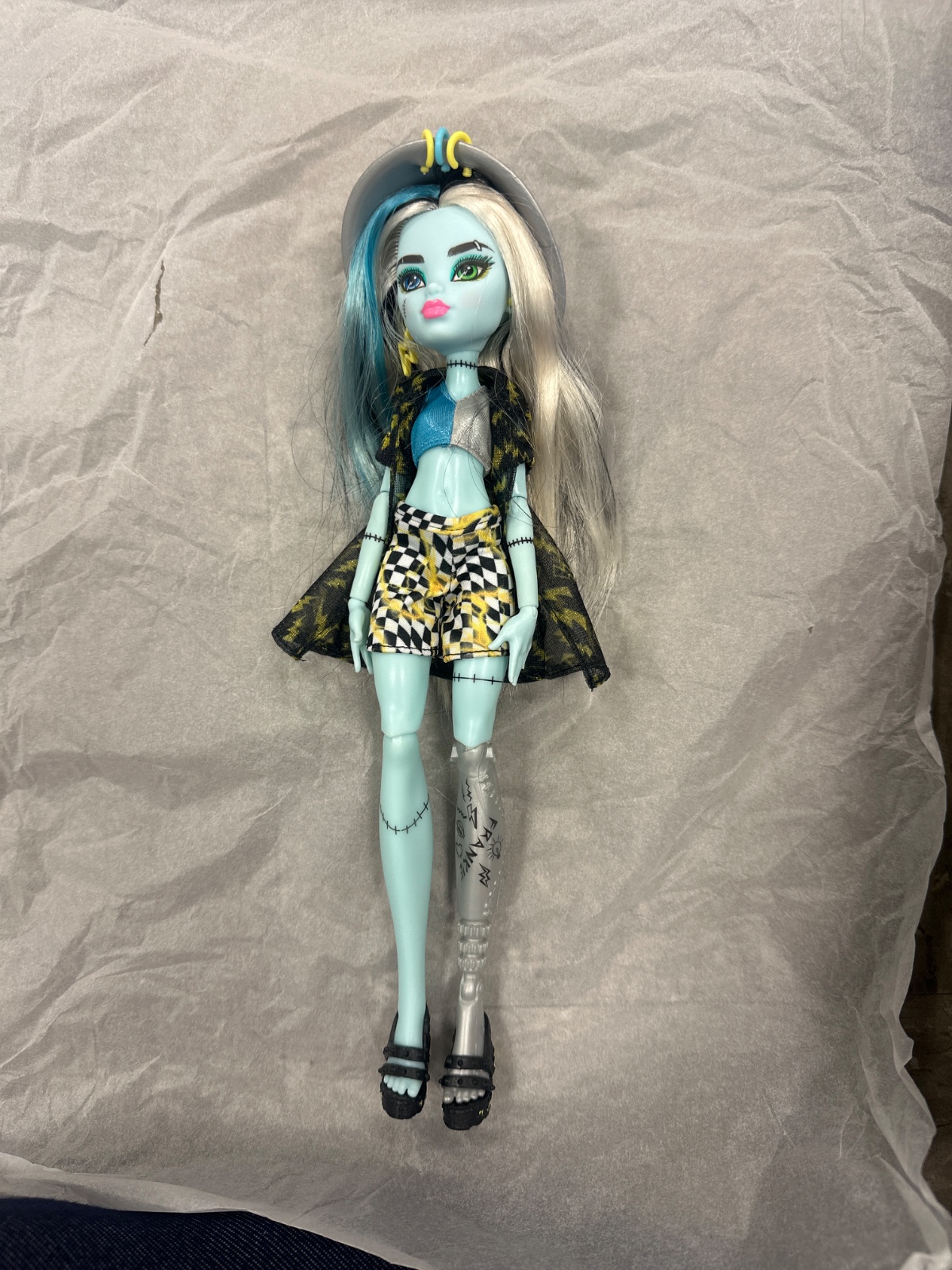 Frankie Stein Doll with Checkered Shorts and Robotic Leg
