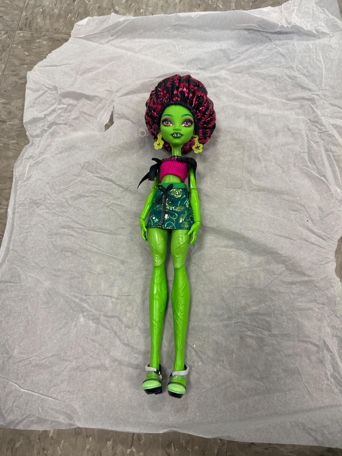 Green Skinned Fanged Doll with Puffy Pink Hair